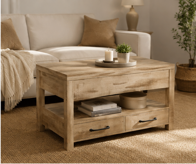 Table Basse Relevable Bois Clair Plateau Levé en Salon Bohème, Mécanisme Visible et Tiroirs Intégrés | VariaHome
