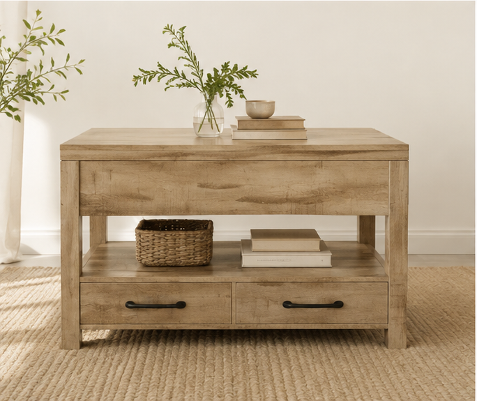 Table Basse Relevable Bois Clair Vue de Face Plateau Ouvert, Rangement Intérieur et Deux Tiroirs | VariaHome