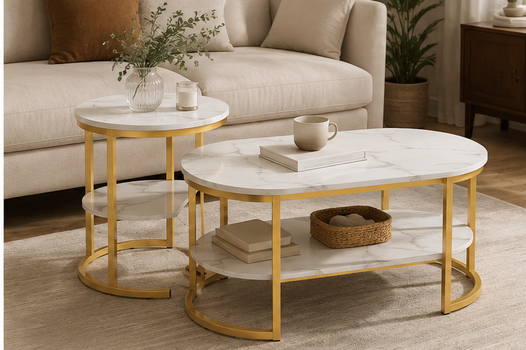 Tables Basses Gigognes Effet Marbre Blanc Pieds Dorés, Décorées de Vase et Bougie en Salon Cosy Beige | VariaHome