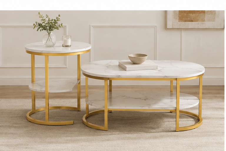 Tables Basses Gigognes Effet Marbre Blanc Pieds Dorés dans un Salon Épuré aux Murs Blancs | VariaHome